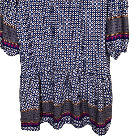 Peach Love California Boho Blue Mini Dress Puff Sleeve Border Print Small - Picture 11 of 12